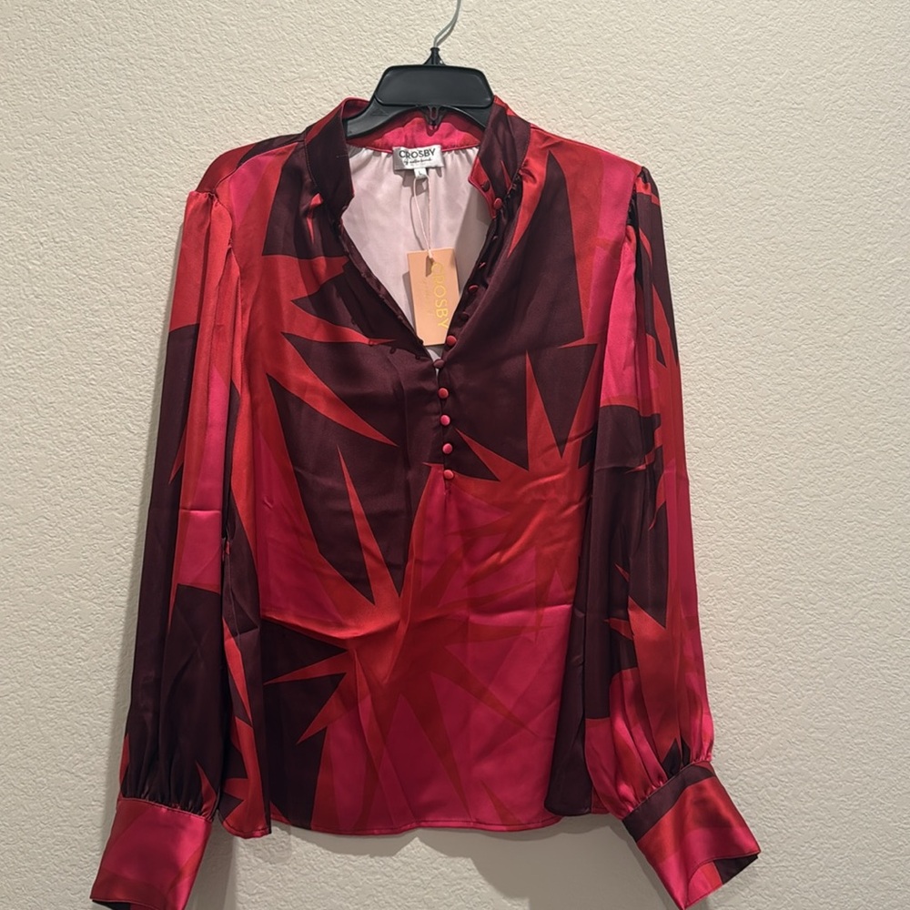 NWT CROSBY by Mollie Burch Leland Satin Faille Star Print Mock Neck  Blouse - Picture 5 of 6